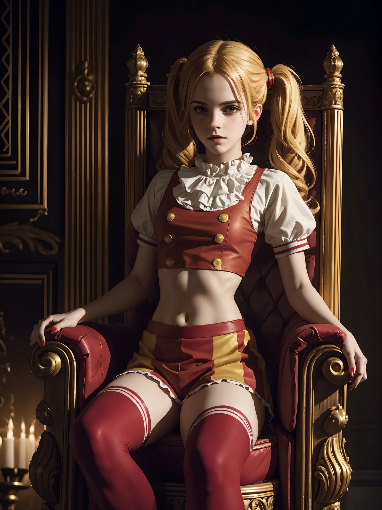 masterpiece. a beautiful emma watson dressed as girl clown. blonde, ponytail, faint smile. intricate tight short uniform, crop top, red socks. dark ambient. on a royal throne.