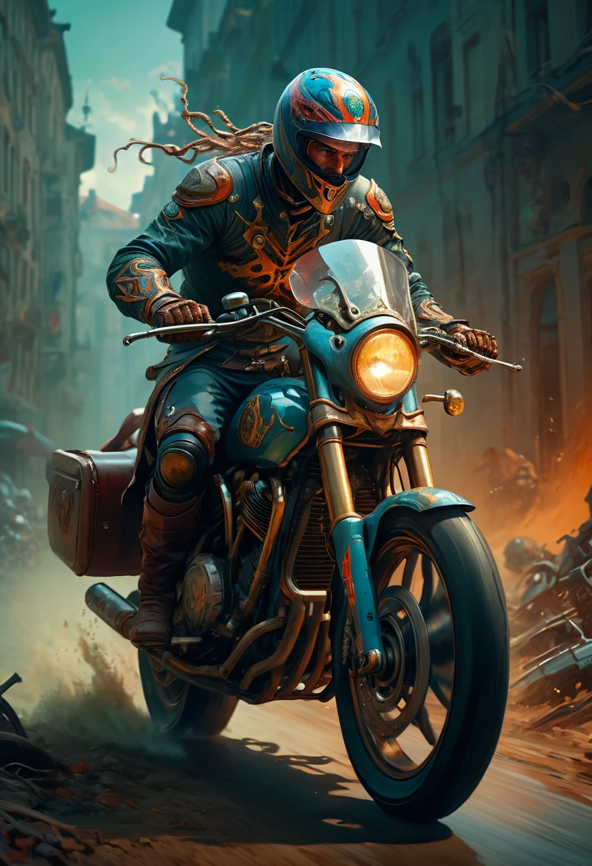 Motorcycle, rider, full body, by Peter Mohrbacher, dramatic composition, cinematic dynamic action scene, vibrant colors, cinematic lighting, dramatic lighting, best quality, masterpiece, very aesthetic, perfect composition, intricate details, ultra-detailed