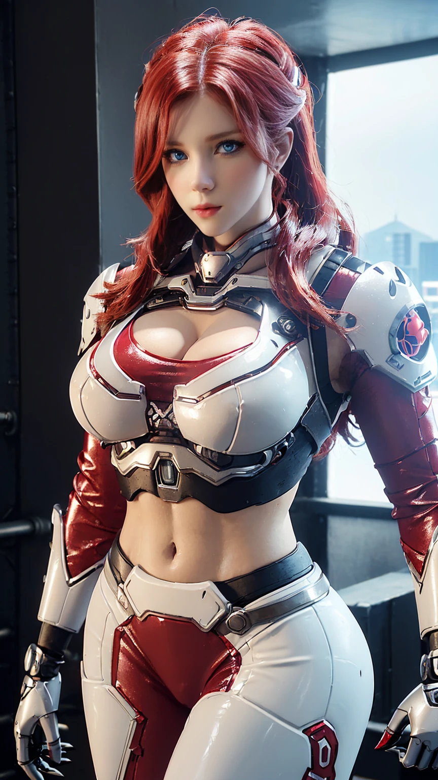 ((A BUSTY MILF RED LONG WAVY HAIR:1.3)), CLOSEUP UPPER BODY,SOLO, ((COWBOY SHOT:1.4)), ((HUGE FAKE BREASTS:1.5)), ((CLEAVAGE,11 LINE ABS:1.5)), ((WEARING OUTFIT METAL RED, WHITE CROP TOP FROM OVERWATCH, IN FUTURISTIC ARMOR, GIRL IN MECHA CYBER ARMOR:1.5)), (WET ATHLETIC FEMALE BODY SHAPE:1.5), (CLEAN GLOSSY BODYSKIN:1.4), (BACKGROUND FUTURISTIC SPACE STATION:1), (PHOTOREALSITIC:1.4), (ULTRA-DETAILLIERT), (TOP-QUALITY), (BEST SHADOWS), BRIGHT LIGHT IN ROOM, HYPER TEXTURE, (4X MSAA), ((UNREAL ENGINE 5 RENDER)), (NEON), PHYSICALLY-BASED RENDERING, ULTRA HIGHT DEFINITION, 16K, 1080P.