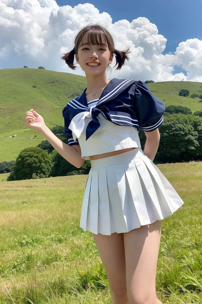 girl standing in windy rural field,large cumulonimbus cloud in summer blue sky,white sailor shirt,navy blue pleated skirt fluttering up in wind,white thong showing,18-year-old,bangs,a little smile,thighs,knees,short hair with low pigtails bunches blowing in wind,from below,front light