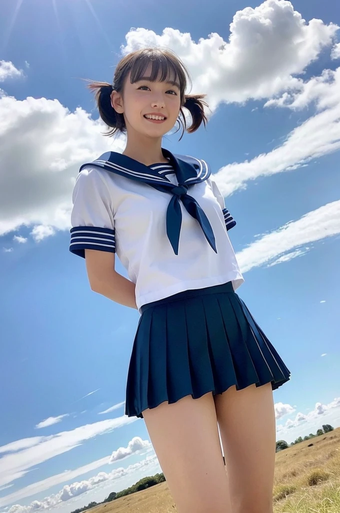 girl standing in windy rural field,large cumulonimbus cloud in summer blue sky,white sailor shirt,navy blue pleated skirt fluttering up in wind,white thong showing,18-year-old,bangs,a little smile,thighs,knees,short hair with low pigtails bunches blowing in wind,from below,front light