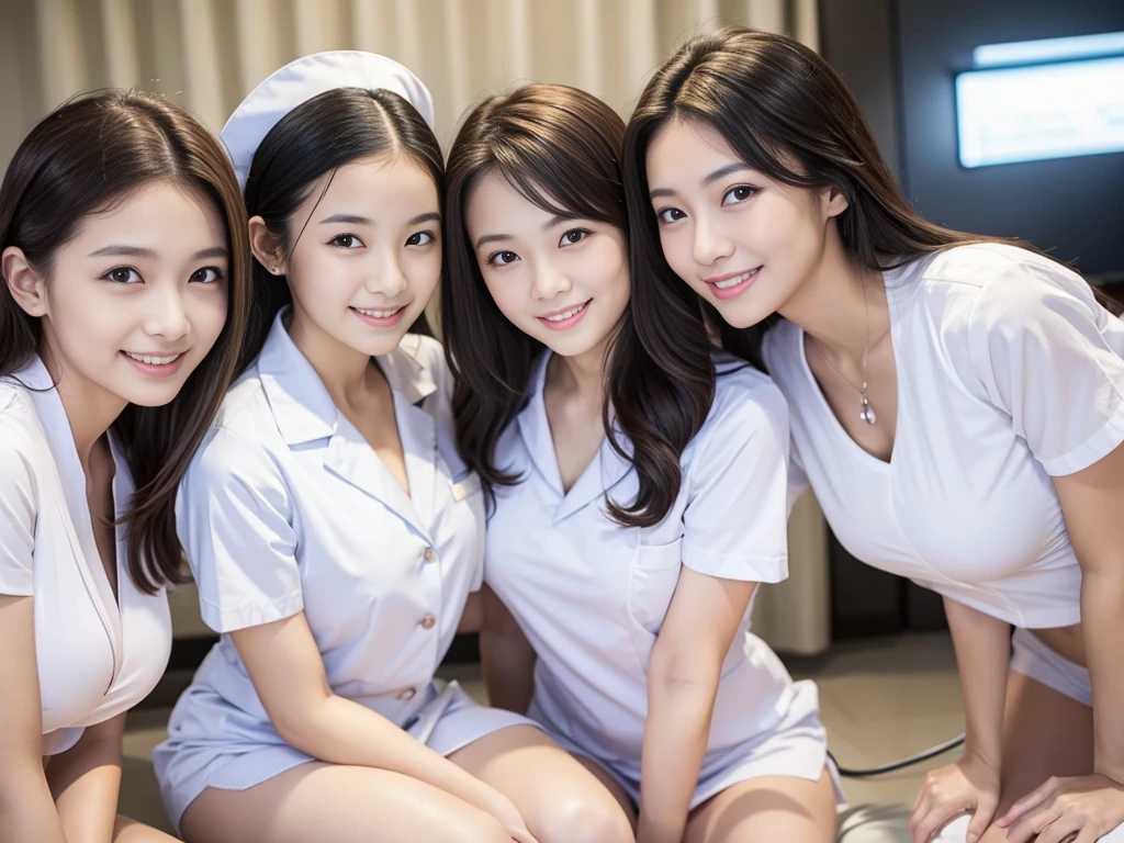 Three beautiful women、15 years old 、Upper Body、Waist、thigh、White panties、Lie down、Lady、80mm lens、Highest quality、Small breasts、Small Breasts、Are thin、Luxury、smile、Reception、Nurse uniform、Two Nurses