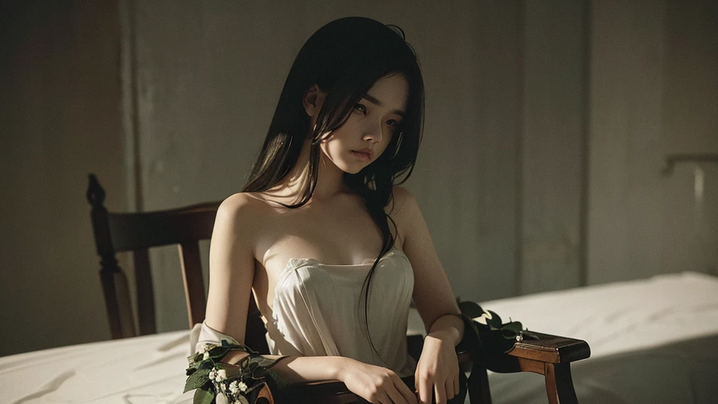A photo of a beautiful girl sitting on a chair, holding a wilted flower in a dark, somber atmosphere. The surroundings are shadowy and moody, with deep, dramatic lighting that enhances the intensity of the scene. Her expression is melancholic, and the background features dim, eerie elements that add to the overall feeling of gloom and mystery.