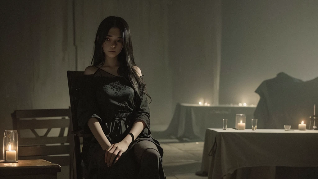 A photo of a beautiful girl sitting on a chair, holding a wilted flower in a dark, somber atmosphere. The surroundings are shadowy and moody, with deep, dramatic lighting that enhances the intensity of the scene. Her expression is melancholic, and the background features dim, eerie elements that add to the overall feeling of gloom and mystery.