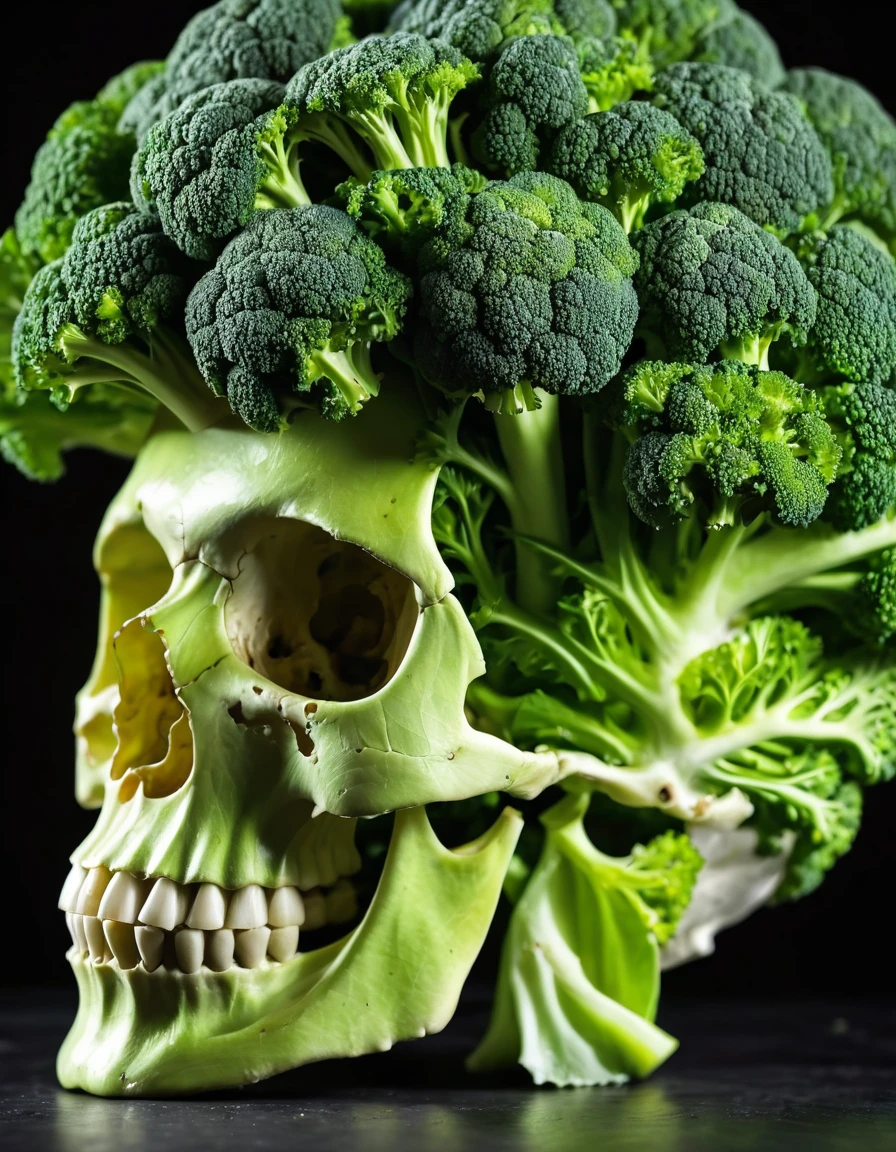 (photography:1.3), (RAW photo:1.3), human skull made of broccoli, dark background, backlight