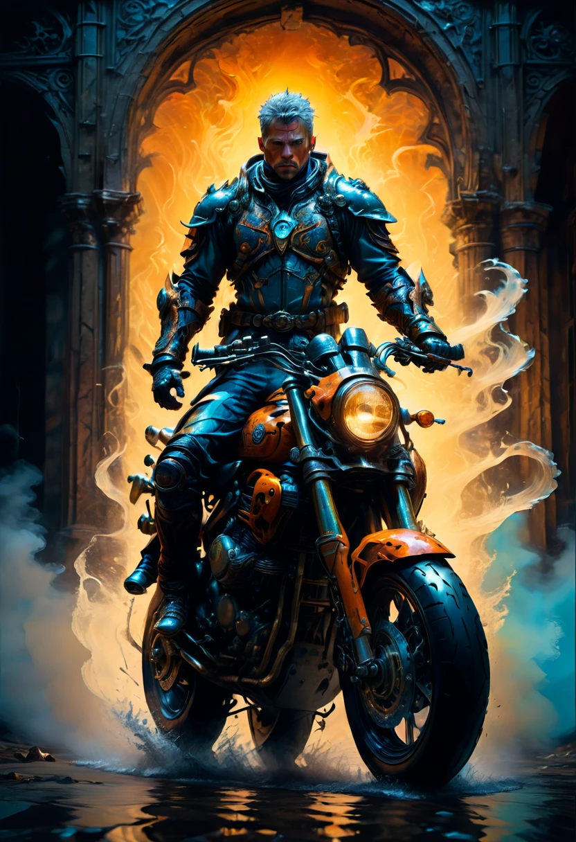 Motorcycle, rider, full body, by John Blanche, dramatic composition, cinematic dynamic action scene, vibrant colors, cinematic lighting, dramatic lighting, best quality, masterpiece, very aesthetic, perfect composition, intricate details, ultra-detailed