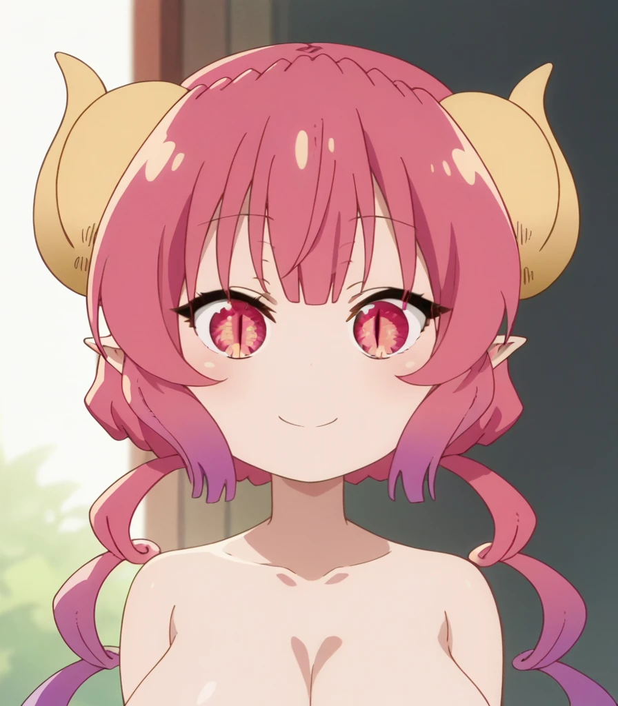 score_9, score_8_up, score_7_up, source_anime, anime screencap, no shirt, upper body, smile ,large breasts, ilulu, dragon girl, long hair, pink hair, dragon horns, pointy ears, multicolored hair, red hair, bangs, slit pupils, naked, nude,