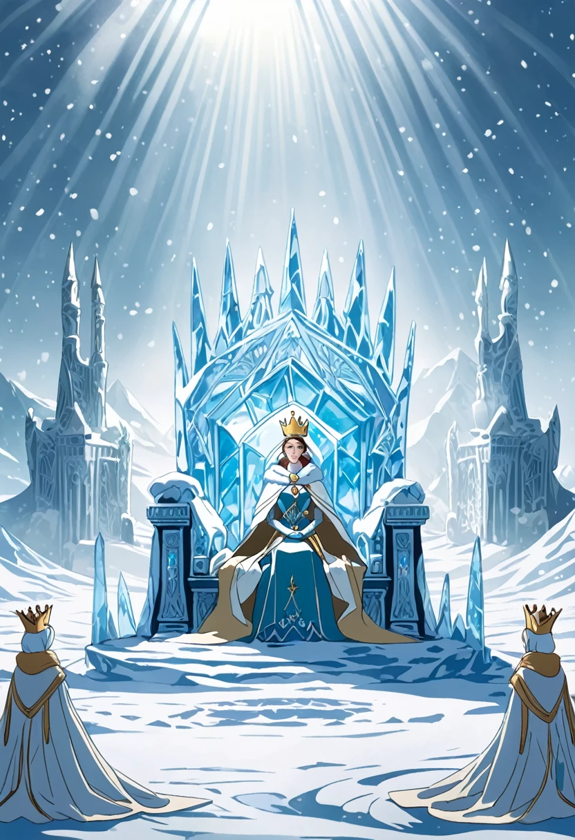 (Queen, Crown), The style is cold and noble., Overall cold and noble style. The scene mainly depicts the Empress wearing a Crown on a snowy wasteland. In the center of the picture is an Empress wearing a Crown, Sitting on a giant ice sculpture throne surrounded by misty snow fields. Sunlight shines through the Empress&#39;s fog, Creates an atmosphere of holiness and isolation. Her white mink fur robe shines brightly in the sunlight., Enhance the contrast of light and shadow in your composition, flaunt her exalted status. in the middle of a shot, The sun shines on her body, (photograph), Award-winning, Movie stills, Emotional, Vignette, dynamic, Vivid, (masterpiece, Highest quality, Professional, Perfect composition, so beautiful, Absurd, Super detailed, Intricate details:1.3), (pink hair,