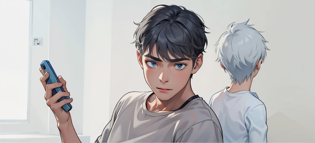 There is a young man, 17 years old, with gray hair and blue eyes, he is talking, worried, asking where are you?