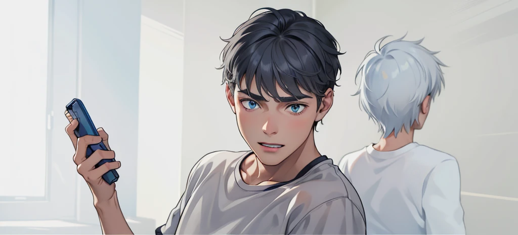 There is a young man, , with gray hair and blue eyes, he is talking, worried, asking where are you?