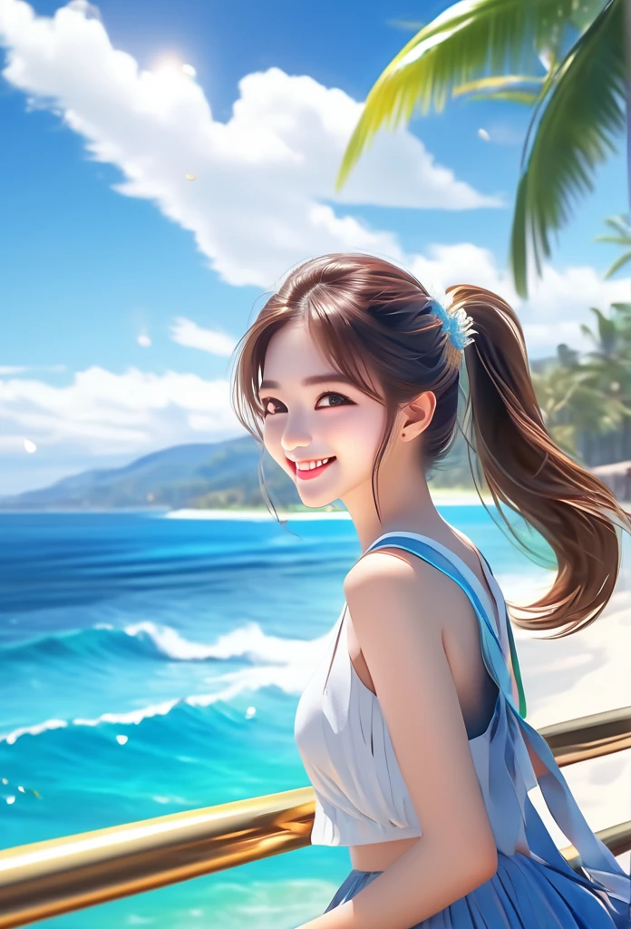 Sparkling sea and tropical ocean, Sunny sky with fluffy white clouds, Palm trees along the coast, Blur the background,Pleasant sea breeze,High school girls,ponytail,smile,Glitter effect,highest quality, 4K, 8K, High resolution, masterpiece:1.2, Very detailed, Realistic:1.37, High resolution, 超High resolution, Ultra-fine painting, Sharp focus, Physically Based Rendering, Very detailed explanation, Professional, Vibrant colors
