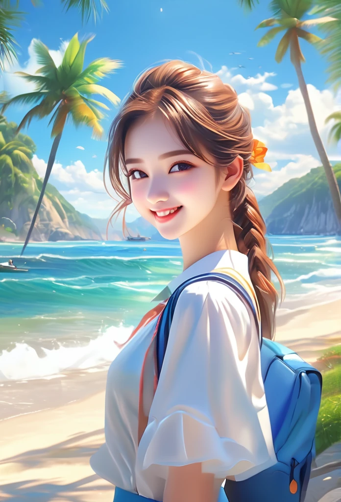 Sparkling sea and tropical ocean, Sunny sky with fluffy white clouds, Palm trees along the coast, Blur the background,Pleasant sea breeze,High school girls,ponytail,smile,Glitter effect,highest quality, 4K, 8K, High resolution, masterpiece:1.2, Very detailed, Realistic:1.37, High resolution, 超High resolution, Ultra-fine painting, Sharp focus, Physically Based Rendering, Very detailed explanation, Professional, Vibrant colors