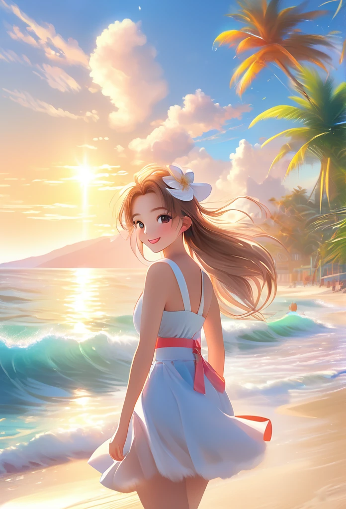 Sparkling sea and tropical ocean, Sunny sky with fluffy white clouds, Palm trees along the coast, Blur the background,Pleasant sea breeze,High school girls,ponytail,smile,Glitter effect,highest quality, 4K, 8K, High resolution, masterpiece:1.2, Very detailed, Realistic:1.37, High resolution, 超High resolution, Ultra-fine painting, Sharp focus, Physically Based Rendering, Very detailed explanation, Professional, Vibrant colors