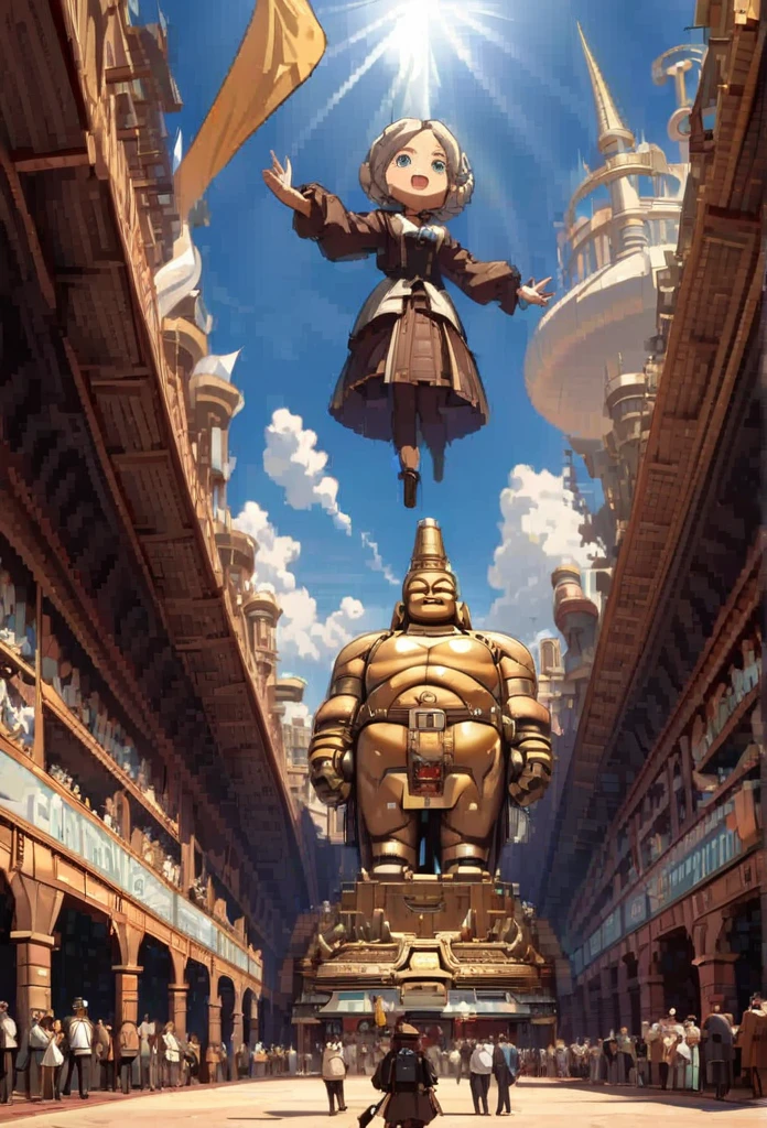 Super giant mechanical Buddha statue，Adoring crowds，Scripture shines in the sky，In steampunk style，super-fine，8K，Works of mastereticulous mechanical depiction，OC renderer，Ultra photo realsisim