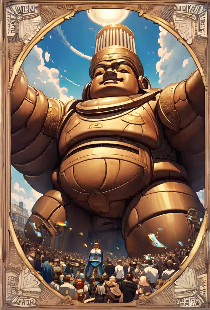 Super giant mechanical Buddha statue，Adoring crowds，Scripture shines in the sky，In steampunk style，super-fine，8K，Works of mastereticulous mechanical depiction，OC renderer，Ultra photo realsisim