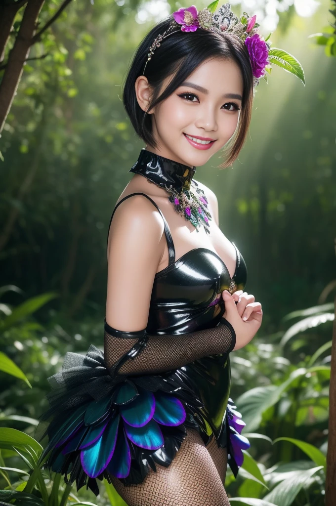 sexy Thai model who controls poison、beautiful smile、lipgloss、dramatic makeup、look at the camera、full body Esbian、、sparkling poisoned enchanted flower costume、、、、shiny sparkling colorful short hair、secrete poison、skull hair accessories、fishnet tights、shiny sparkling dark magic forest background