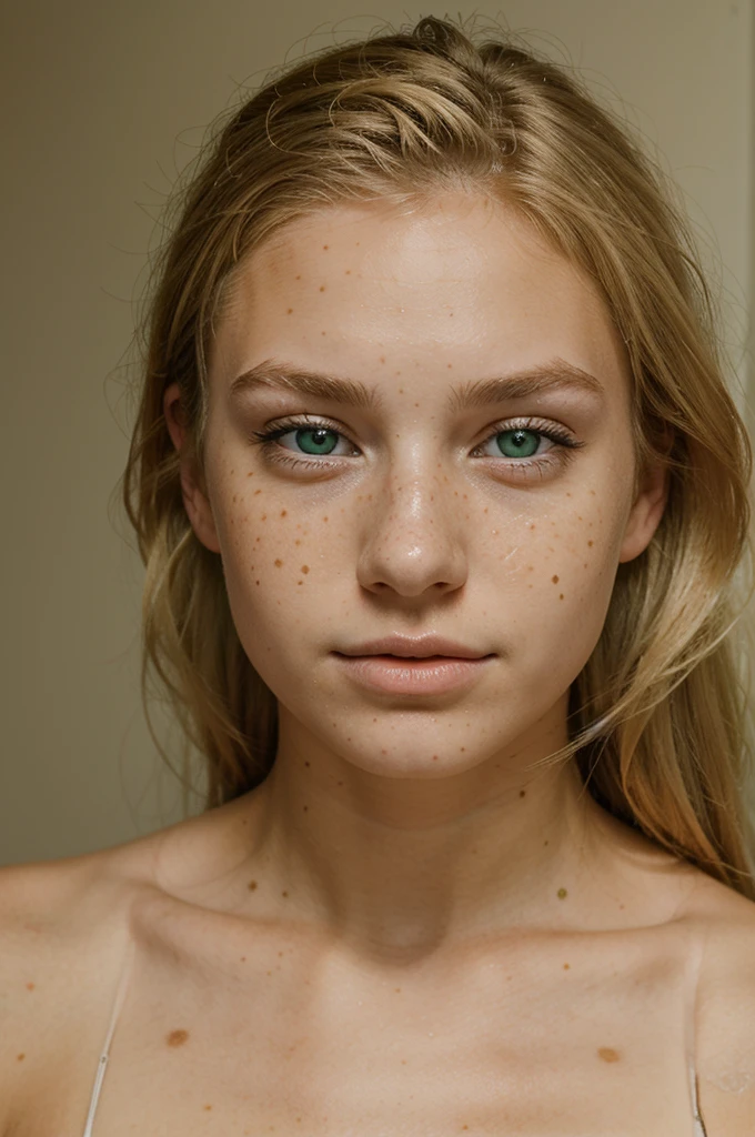 beautiful lady, (freckles), soft smile,green eyes,blonde hair, dark makeup, hyperdetailed photography, soft light, head and shoulders portrait, cover