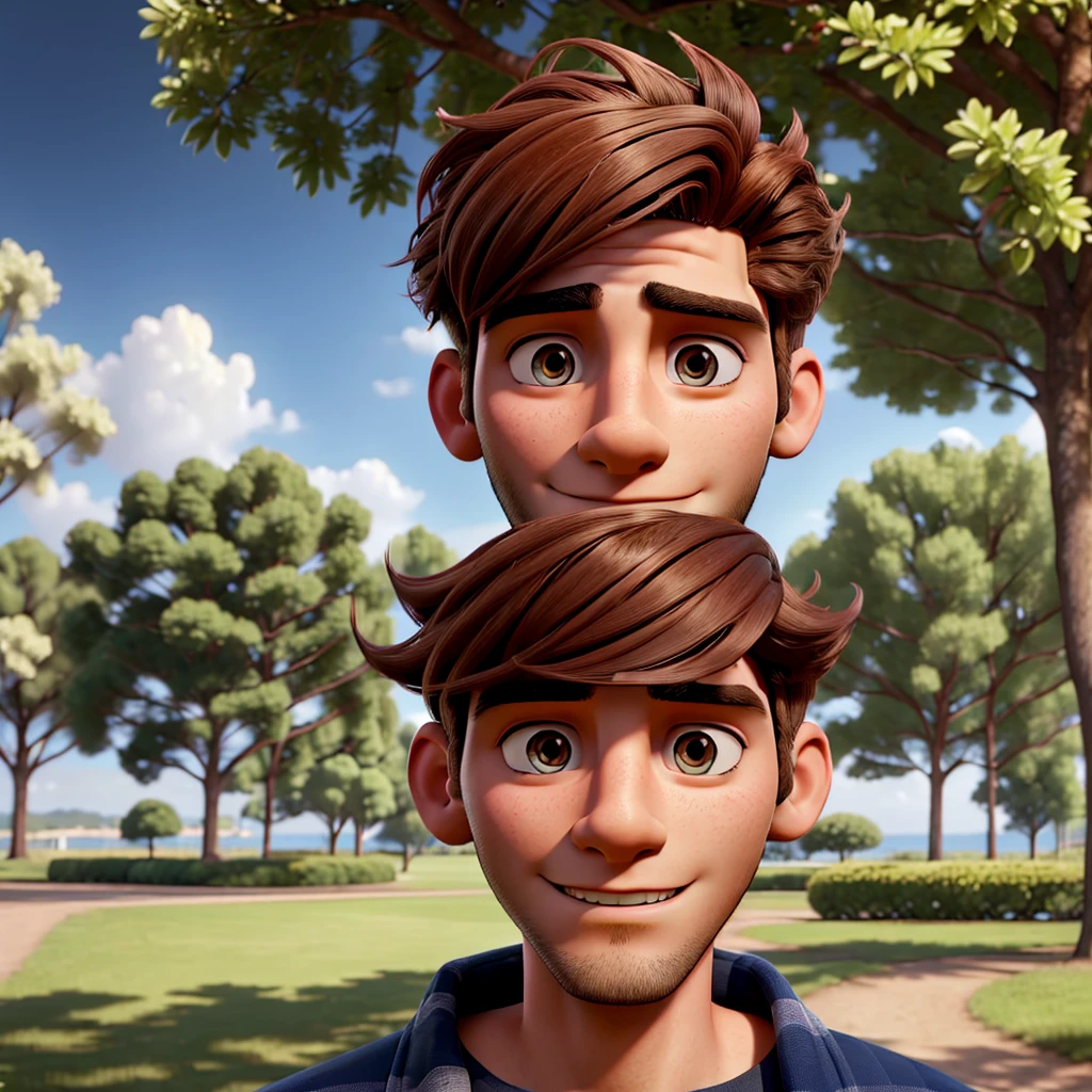 Handsome man aged 25 to 35, in park, salmonete, chestnut hair, close up, Satellite image, backlight, ultra HD, high qualiy, best qualityer, high resolution, 8K, 16K