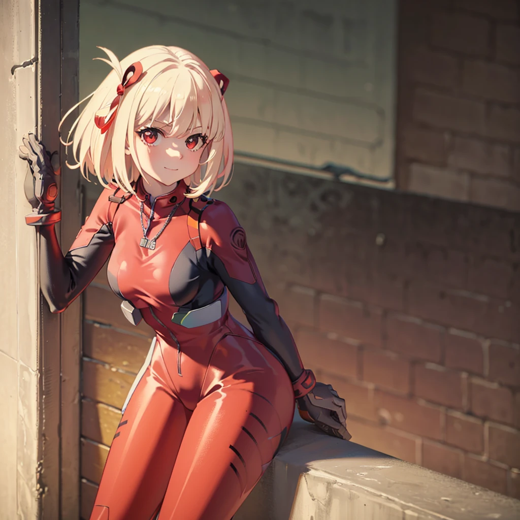 (masterpiece, best quality, detailed), 1girl, solo, looking at viewer,
chisato nishikigi, blonde hair, red eyes, short hair, medium breasts, edgPlugsuit, skin tight, wearing edgPlugsuit bodysuit, school rooftop, chain-link fence, fence, sunset, leaning forward, hanging breasts, smug, v-shaped eyebrows, smile, closed mouth