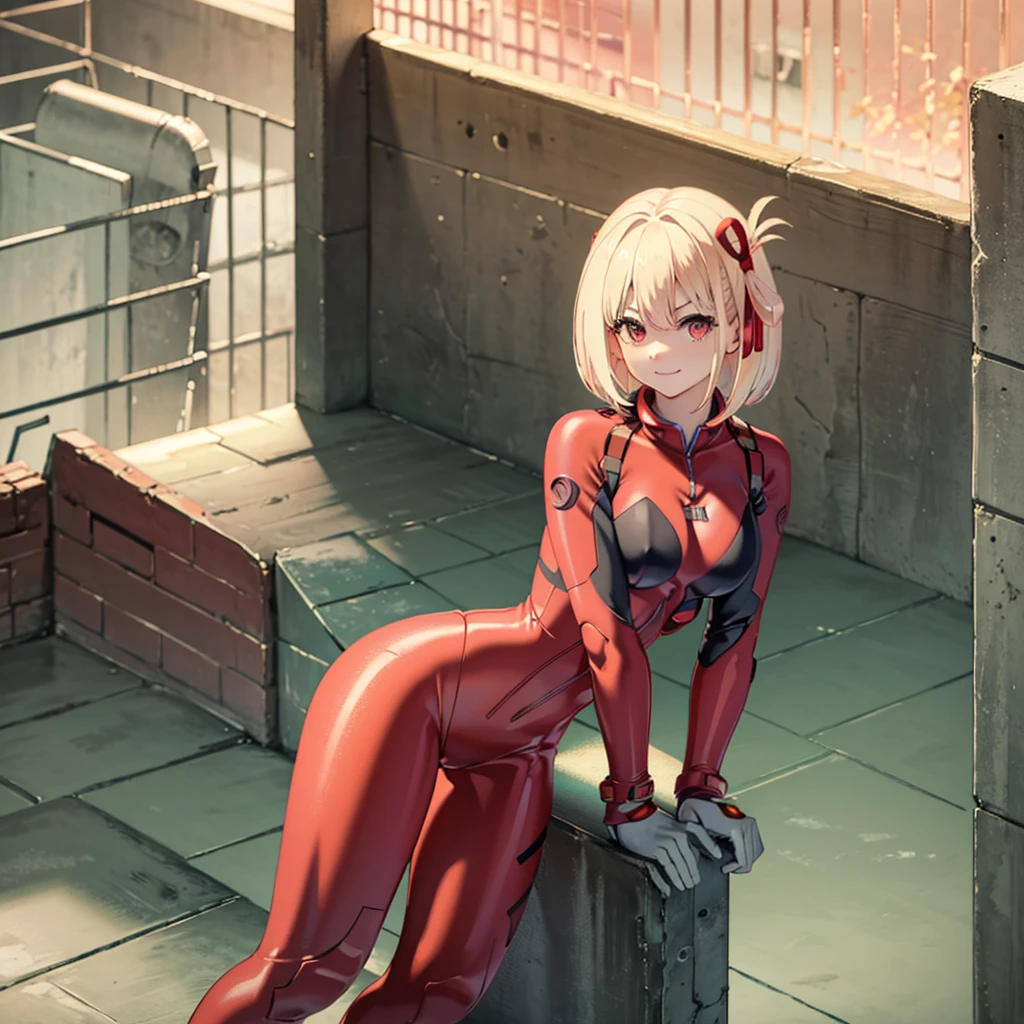 (masterpiece, best quality, detailed), 1girl, solo, looking at viewer,
chisato nishikigi, blonde hair, red eyes, short hair, medium breasts, edgPlugsuit, skin tight, wearing edgPlugsuit bodysuit, school rooftop, chain-link fence, fence, sunset, leaning forward, hanging breasts, smug, v-shaped eyebrows, smile, closed mouth