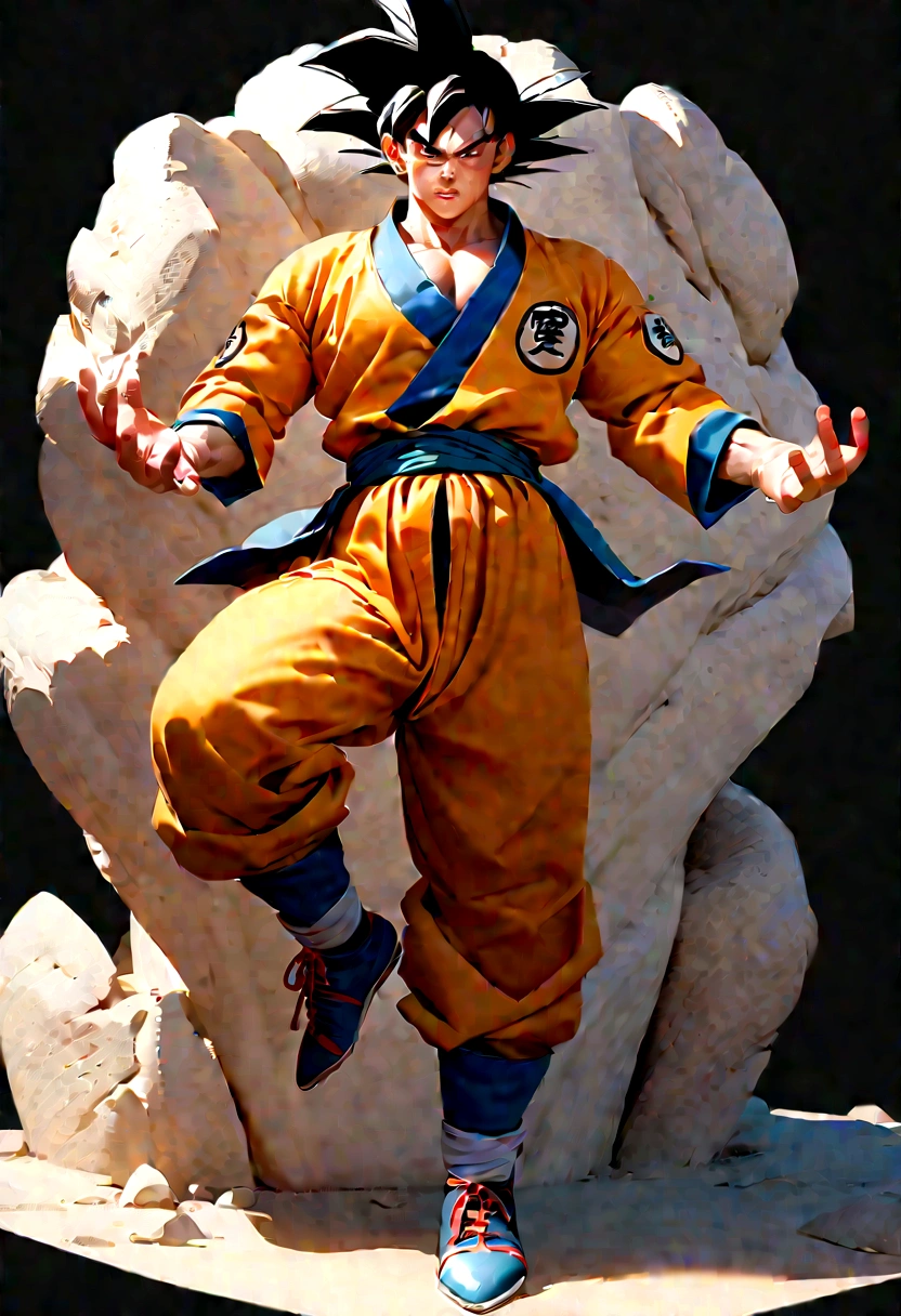 Ancient Japanese ceramic figure of Saitama from One Punch Man, ancient artistic stylings, museum display case
