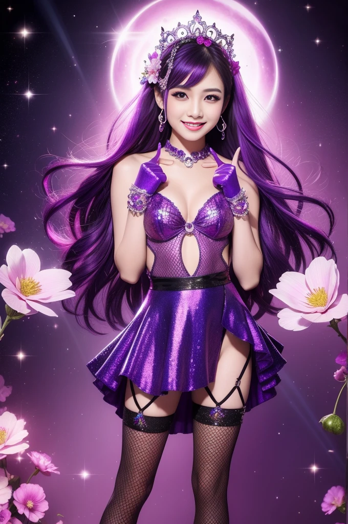 sexy Thai model who controls poison、beautiful smile、lipgloss、intense makeup、look at the camera、full body Esbian、、sparkling poisoned flower costume (purple)、、、、shiny sparkling multicolor hair、secrete poison、skull hair accessories、fishnet tights、shiny sparkling flowers background