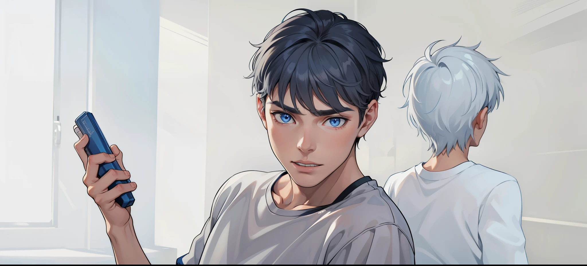 There is a young man, 17 years old, with gray hair and blue eyes, he is talking, worried, asking where are you?
