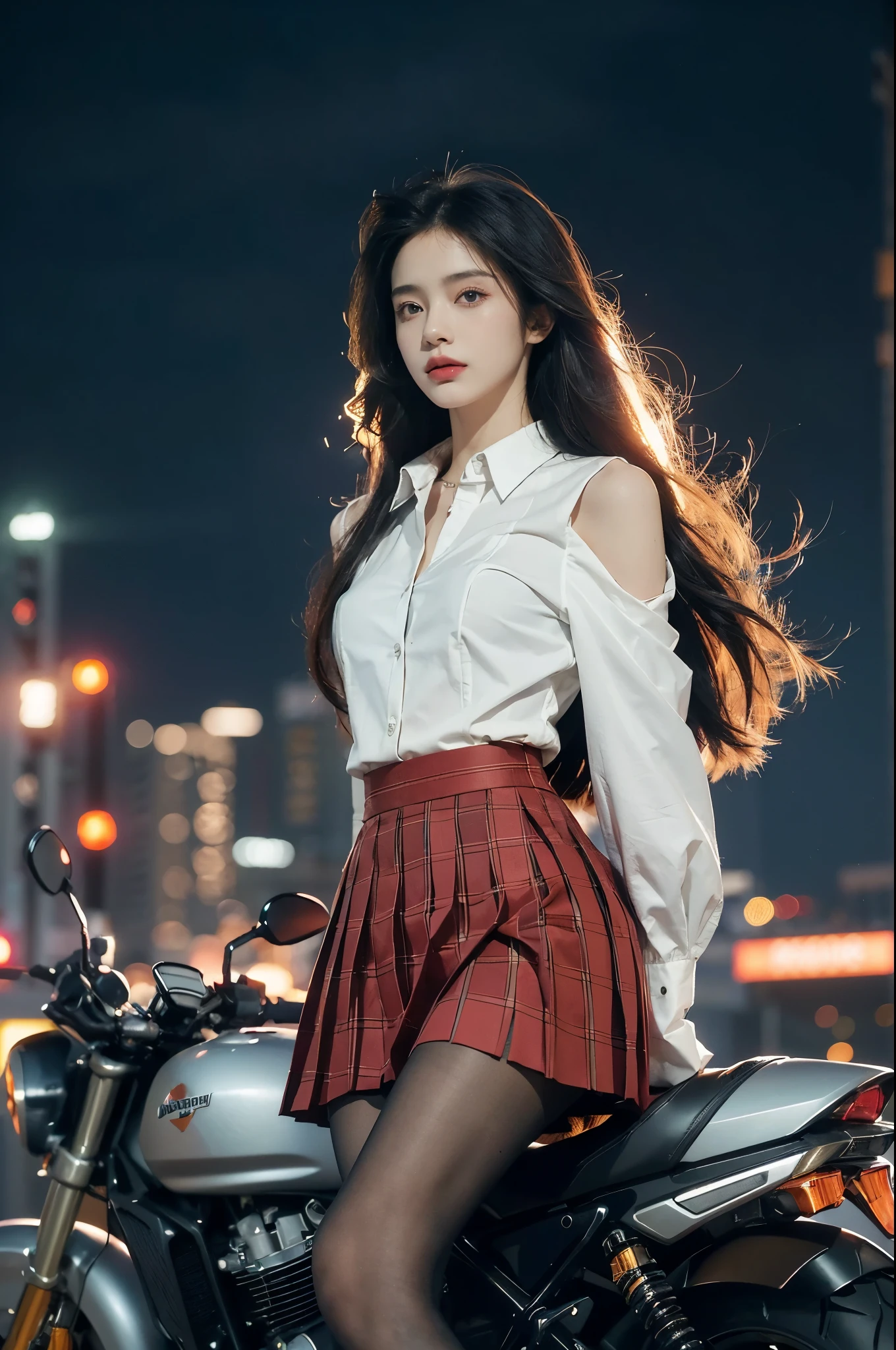 (((best quality))),(((ultra detailed))),(((masterpiece))),illustration,(1 beautiful girl,solo),((slim,thin)),((small breasts,flat chest)),(safety helmet:1.3),(shoulder length straight hair:1.2),slender legs,cyberpunk, urban street,high school student, JK outfit,(riding on a motorcycle:1.3), sleek, (white collared short-sleeved shirt:1.3), (red checkered pleated skirt:1.3),(pantyhose:1.3), stylish boots, confidence, determination, dark streets, wind, hair blowing, neon lights, skyscrapers, urban noises, traffic, sirens, city sounds, futuristic, dystopian society, technology, fashion, explosive cocktail, style, , modernity, attitude, spirit, anything is possible,from front