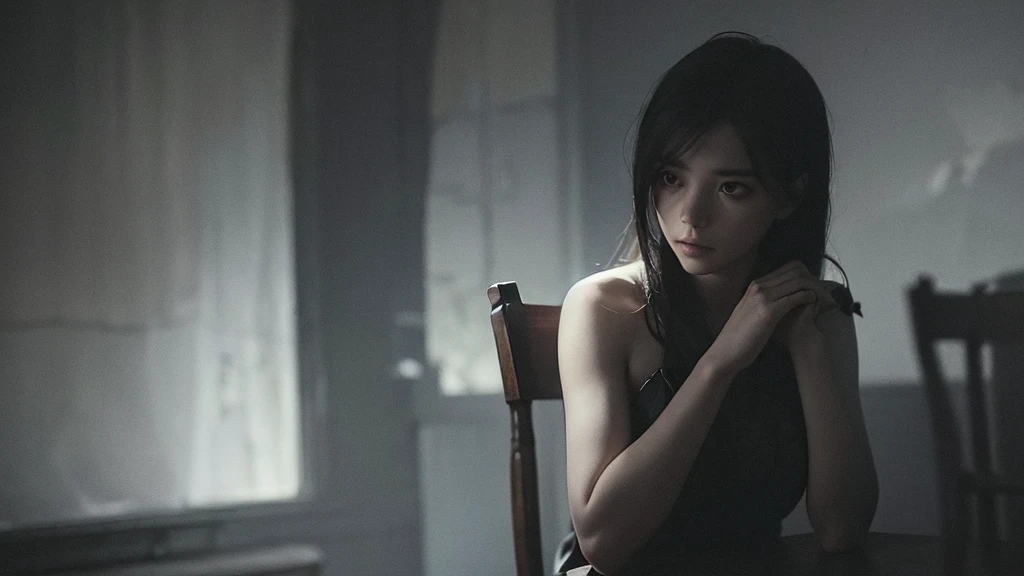 A photo of a beautiful girl sitting on a chair, holding a wilted flower in a dark, somber atmosphere. The surroundings are shadowy and moody, with deep, dramatic lighting that enhances the intensity of the scene. Her expression is melancholic, and the background features dim, eerie elements that add to the overall feeling of gloom and mystery.