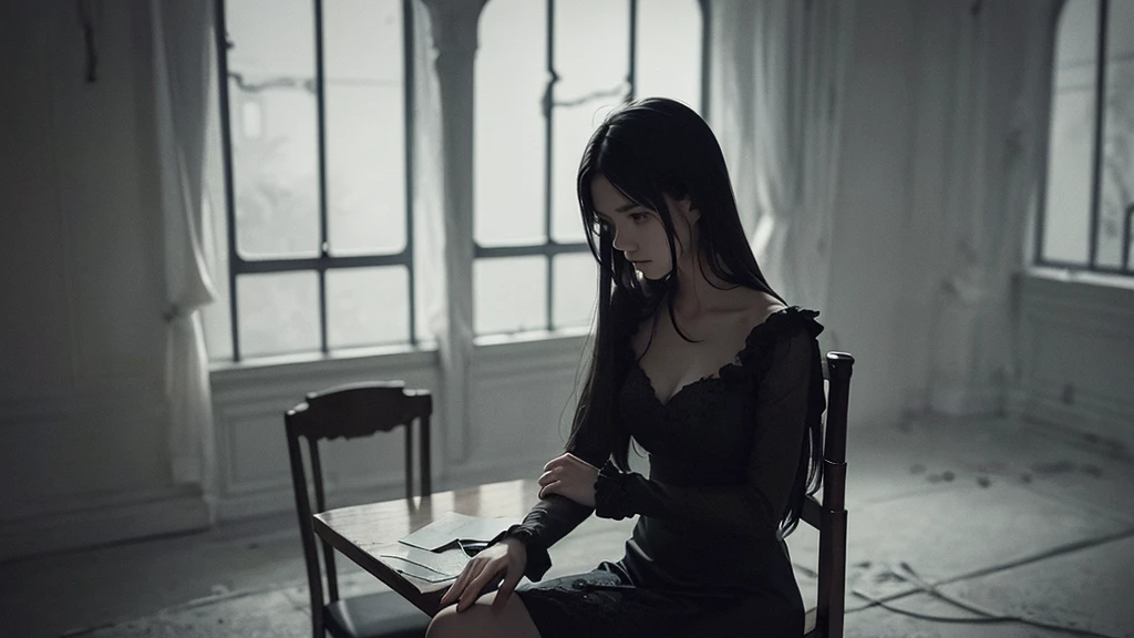 A photo of a beautiful girl sitting on a chair, holding a wilted flower in a dark, somber atmosphere. The surroundings are shadowy and moody, with deep, dramatic lighting that enhances the intensity of the scene. Her expression is melancholic, and the background features dim, eerie elements that add to the overall feeling of gloom and mystery.