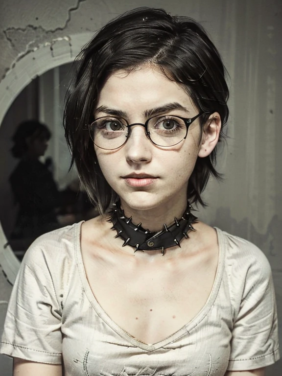 photo portrait of a young chubby Russian girl in glasses, 22 years old, with aesthetic small breasts, corneal reflections, Detailed human skin texture, fuzz on the skin, beautiful tired face, An indifferent expression on his face, spiky hair, very tousled semi-long brown tousled hair (rebellious late 80s hairstyle, shaved temples), amber eyes, ((glasses with lenses in black frames)), looking into the camera with the interest of a predator, Squint, a little crazy sparkle in the eyes, white lab coat, short sleeves, muscular arms, Graceful fingers, almost imperceptible one-sided grin, bare neck without jewelry, in a hospital room(Morgue)((в помещении Morgueа, against the background of a wall covered with cracked typical Soviet grayish tiles, a dark room, depth of field, backlight, free pose 