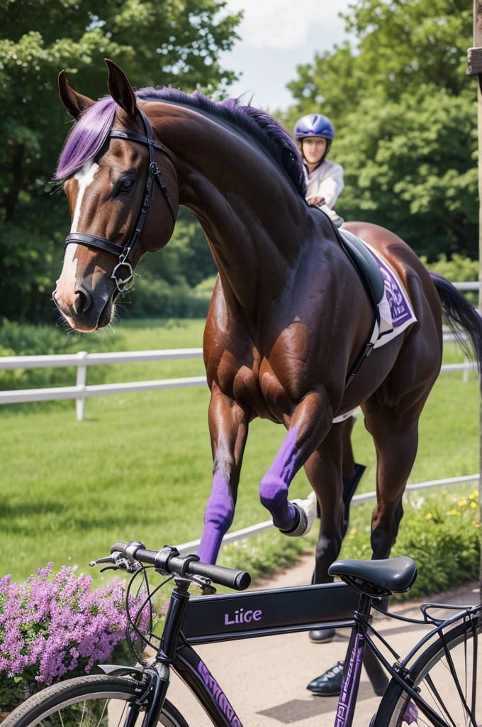 Lilac horse riding a bicycle
