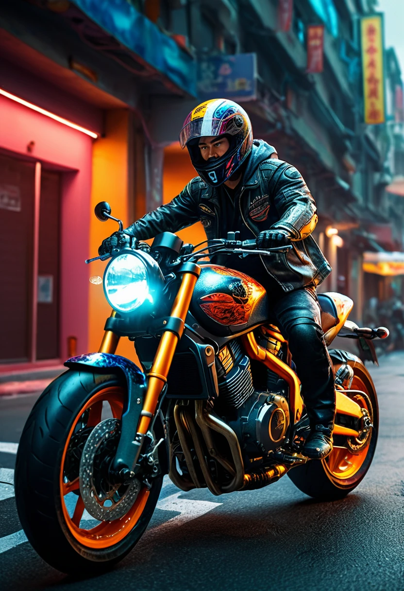Motorcycle, rider, full body, by Bruce Zheng, dramatic composition, cinematic dynamic action scene, vibrant colors, cinematic lighting, dramatic lighting, best quality, masterpiece, very aesthetic, perfect composition, intricate details, ultra-detailed