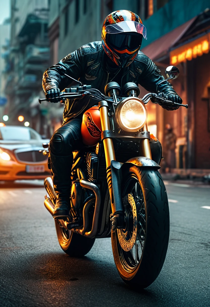 Motorcycle, rider, full body, by Bruce Zheng, dramatic composition, cinematic dynamic action scene, vibrant colors, cinematic lighting, dramatic lighting, best quality, masterpiece, very aesthetic, perfect composition, intricate details, ultra-detailed