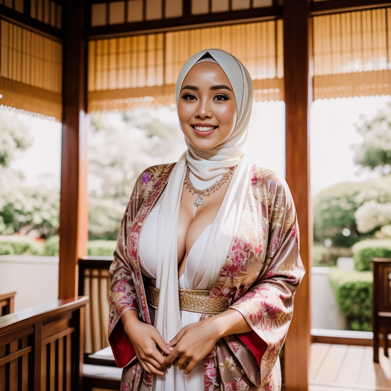 1Woman, 30-Years Old, beautiful Indonesian young woman, wearing hijab, wearing luxurious diamond necklace, wearing kimono, Tight Kimono, curvy body, (Gigantic breast), Beautiful leg, at wedding ceremony, happy expression, showing her Gigantic breast, looking at viewer, full body
