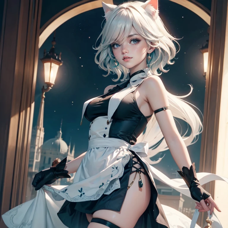 1girl, white maid dress, jewelry, flowing hair, long hair, space scenery, maid dress with a short skirt and layers, white laces, white boots, white dress with transparency, gold details on her clothes, cat ears, animal ears,  more details, perfectly body, perfectly hands, two hands, two legs, two arms, five fingers, glowing hair, best quality, cat ears, animal ears, white gloves, cat tail, alone, maid headdress, choker, detached sleeves, maid dress, maid white dress, strapless, masterpeice, best quality, detailed face, night, asymmetrical gloves, bangs, white short skirt , earrings, elbow gloves, fishnet thighhighs, fishmasterpeice, solo, best quality, detailed face, hair between eyes, jewelry, looking at viewer, single earring, sky, sleeveless, solo, thigh boots, thighhighs, tongue, tongue out, uneven gloves, cat ears, animal ears, cat tail, solo, alone, Looking at the viewer, magenta roses on her hair, space scenery, maid, maid dress, magenta details, maid headdress, maid apron, long hair, seat on the Saturn rings, more details on her clothes, gold details on her clothes, space, smiling, standing her hand to a viewer, looking at the viewer, in the background a several asteroids glowing with fiery auras, Dramatic lighting from distant stars and planets illuminates the scene, looking at the vast and mysterious universe, cowboy shot, upper body portrait, more details, sparkle,