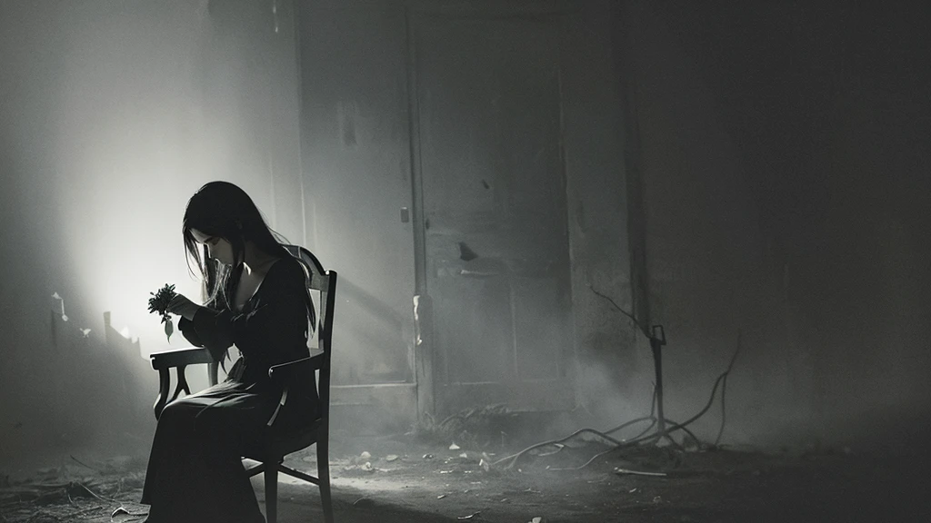 A photo of a beautiful girl sitting on a chair, holding a wilted flower in a dark, somber atmosphere. The surroundings are shadowy and moody, with deep, dramatic lighting that enhances the intensity of the scene. Her expression is melancholic, and the background features dim, eerie elements that add to the overall feeling of gloom and mystery.