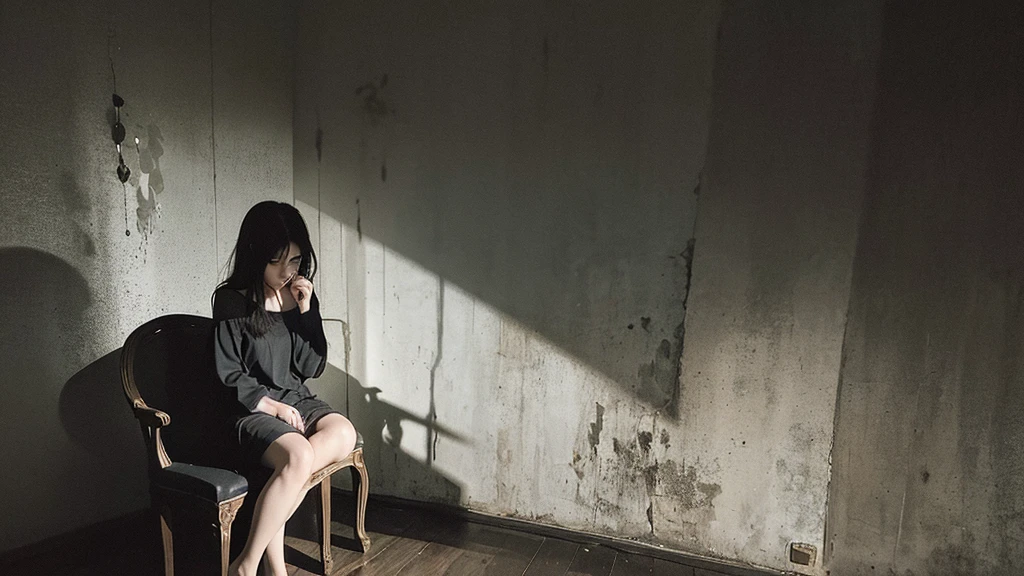 A photo of a beautiful girl sitting on a chair, holding a wilted flower in a dark, somber atmosphere. The surroundings are shadowy and moody, with deep, dramatic lighting that enhances the intensity of the scene. Her expression is melancholic, and the background features dim, eerie elements that add to the overall feeling of gloom and mystery.