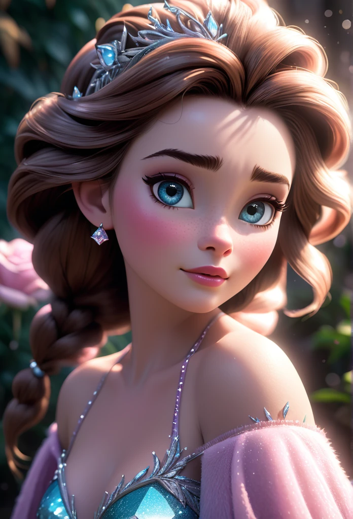 (elsa frozen-rose quartz SU mixing models.) (ultra FUSION) Highly detailed CG unity 8k wallpaper, style shot, complex, high detail, dramatic, highest quality movie still image, highly detailed, masterpiece , best quality, character design, Elsa, Elsa from Frozen, straight brown hair, Pink Diamond fusion ((dark style)), ultra detailed realistic rendering style, natural light, sharp character design, and on the back a disney-like lion (hard focus, 8k), (((natural skin texture))), 8k textures, soft cinematic lighting, adobe lightroom, darkroom, hdr, sophisticated, elegant, rich in details, sharp focus look )), calming tones, frenzy of details, intricate details, super details, low contrast, soft film lighting, muted colors, exposure combining, HDR, Fade, 35mm, f/1.4, ISO64, f16, 25 sec.