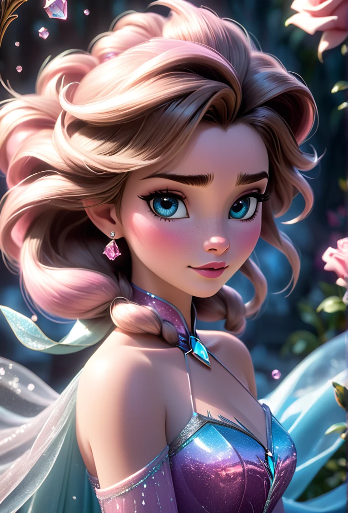 (elsa frozen-rose quartz SU mixing models.) (ultra FUSION) Highly detailed CG unity 8k wallpaper, style shot, complex, high detail, dramatic, highest quality movie still image, highly detailed, masterpiece , best quality, character design, Elsa, Elsa from Frozen, straight brown hair, Pink Diamond fusion ((dark style)), ultra detailed realistic rendering style, natural light, sharp character design, and on the back a disney-like lion (hard focus, 8k), (((natural skin texture))), 8k textures, soft cinematic lighting, adobe lightroom, darkroom, hdr, sophisticated, elegant, rich in details, sharp focus look )), calming tones, frenzy of details, intricate details, super details, low contrast, soft film lighting, muted colors, exposure combining, HDR, Fade, 35mm, f/1.4, ISO64, f16, 25 sec.