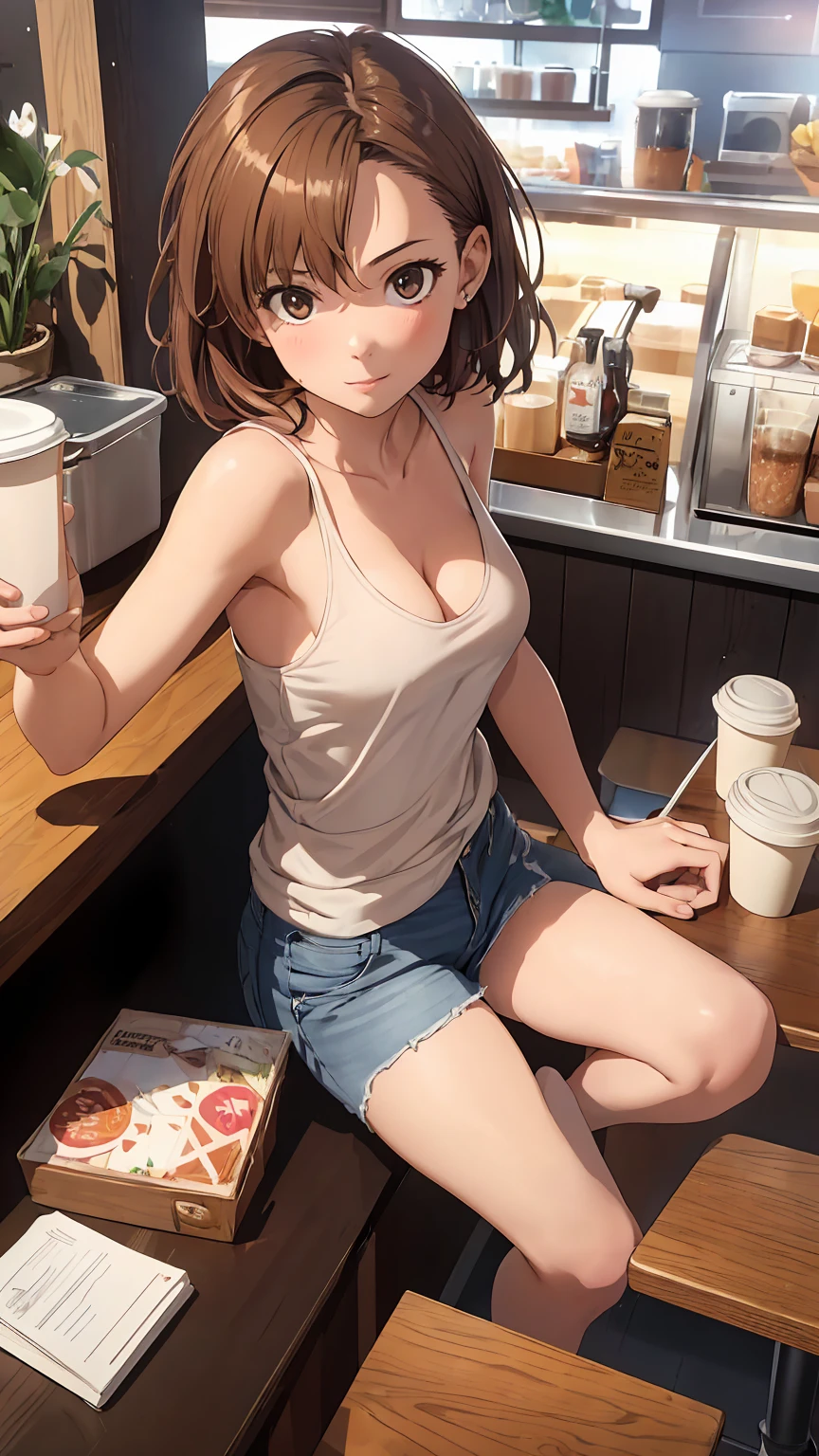 masterpiece, octane rendering, topless, navel, large nipples, nipples, denim pants, cafe, indoor, full figure, puffy nipples, model pose, medium breasts, short brown hair, hair pin, body, narrow waist, open mouth, dramatic lighting, open mouth, green eyes, holding a coffee cup, chin up, high heels, hoop earrings, jewelries, necklace, 1 ear exposed