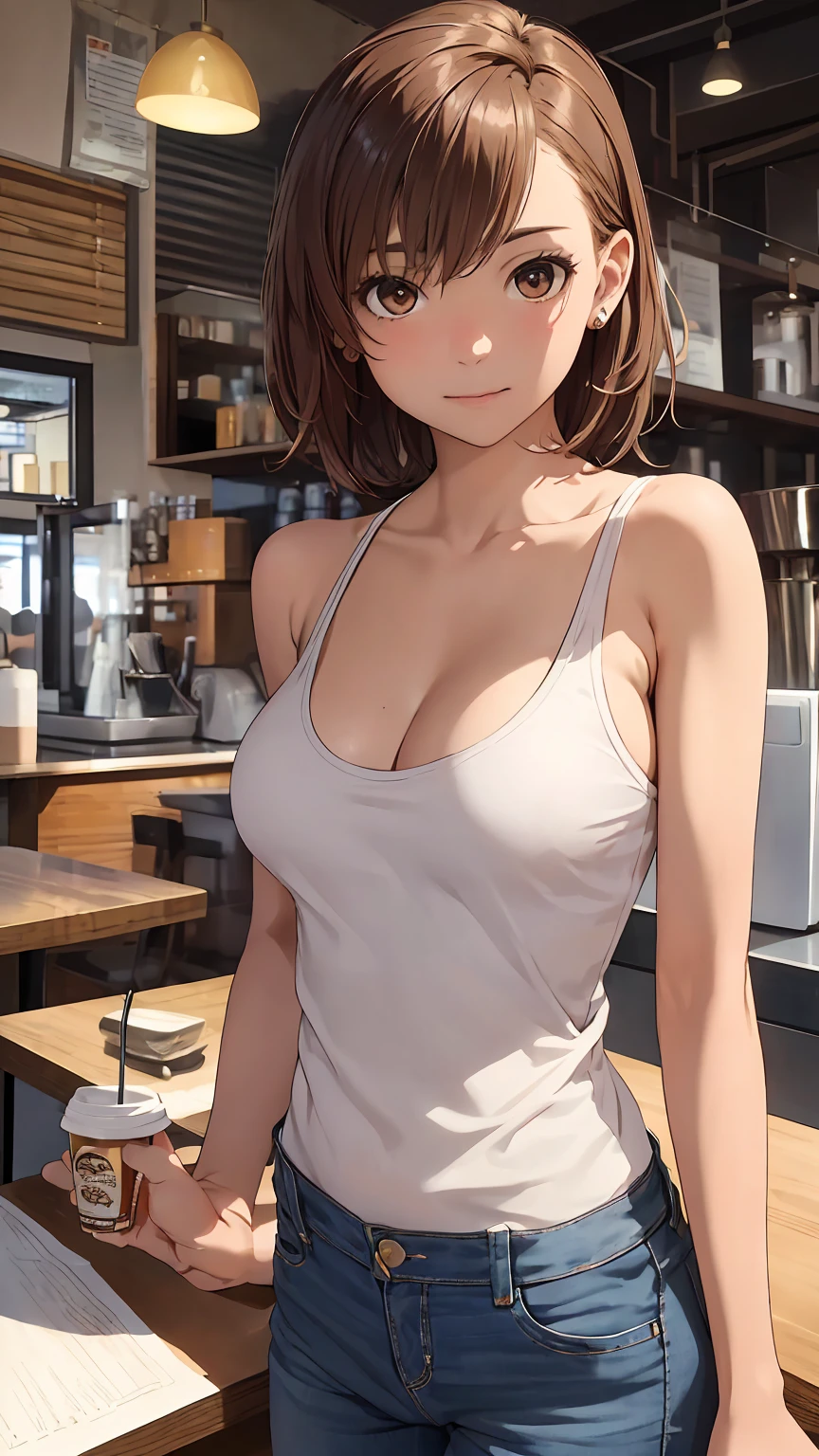 (Realistic、High resolution:1.3)、One girl with a perfect figure、Very narrow face and eyes、Brown eyes Brown Hair short hair、Tank top:Random color 1pc.2、Short jeans、At the cafe、Coffee on the table、Small breasts 、Exposed cleavage