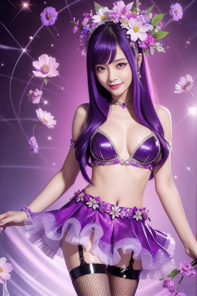 sexy Thai model who controls poison、beautiful smile、lipgloss、intense makeup、look at the camera、full body Esbian、、sparkling poisoned flower costume (purple)、、、、shiny sparkling multicolor hair、secrete poison、skull hair accessories、fishnet tights、shiny sparkling flowers background