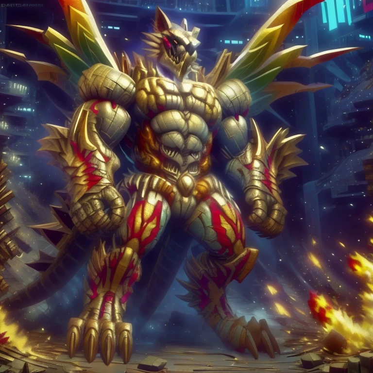 (masterpiece. official art. 8k. best quality. detailed full body. full body.)

(situation 1 : dominating The Phoenix Wolf. The Phoenix Wolf is over 1000 meters long. focus GIANT mechanical Muscular The Phoenix Wolf is trampling the car. Looking down.)

(situation 2 :smoke and flames rising from the destruction in the city)

(Additional details 1: Wearing golden Armor. Cape. Helmet. real texture material. whole body shines like metal. emphasizes the muscles. suit fully made of metal.Robotic suit).

(Additional details 1.5: The arms are golden. The lower half of the body is golden. The wolf-shaped helmet has sharp fangs. The whole body is golden. The chest area is also golden. There is a ring above the head.).

(Additional details 2: Detailed head. Detailed Body. Detailed abs. gigantic muscles. HYPER MUSCLES. Gigachad Muscular. big muscle. pecs. triceps. traps. unusually developed muscular body. body full of huge muscles. showing off muscles. pectorales enormes. Exaggeratedly huge muscles. huge muscles. long legs.).

(Additional details 3: Spread wings. It has wings. The claws are sharp. Sharp teeth.). He is laughing defiantly. The claws are sharp. Sharp teeth.). 

(Additional details 3.5 : nj5furry,  He is laughing defiantly. medieval armor.). 

(Additional details 4: golden dick, golden cock, golden hyper penis. hyper golden penis. big penis)

Armored Flazzard. The armor is like dragon scales..