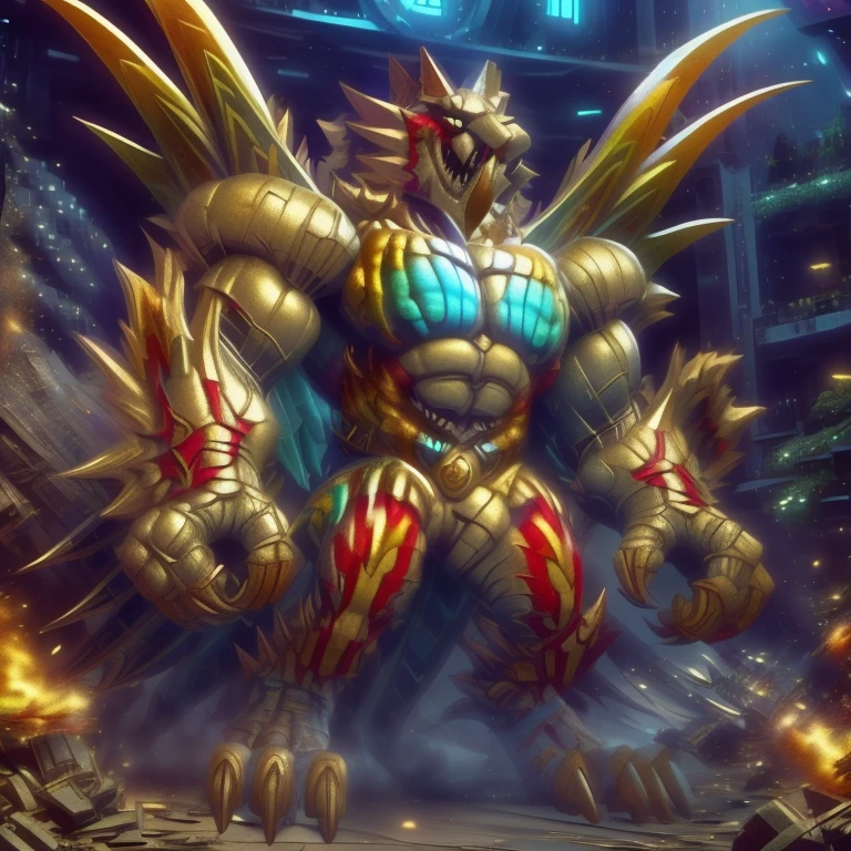 (masterpiece. official art. 8k. best quality. detailed full body. full body.)
(situation 1 : dominating The Phoenix Wolf. The Phoenix Wolf is over 1000 meters long. focus GIANT mechanical Muscular The Phoenix Wolf is trampling the car. Looking down.)
(situation 2 :smoke and flames rising from the destruction in the city)
(Additional details 1: Wearing golden Armor. Cape. Helmet. real texture material. whole body shines like metal. emphasizes the muscles. suit fully made of metal.Robotic suit).
(Additional details 1.5: The arms are golden. The lower half of the body is golden. The wolf-shaped helmet has sharp fangs. The whole body is golden. The chest area is also golden. There is a ring above the head.).
(Additional details 2: Detailed head. Detailed Body. Detailed abs. gigantic muscles. HYPER MUSCLES. Gigachad Muscular. big muscle. pecs. triceps. traps. unusually developed muscular body. body full of huge muscles. showing off muscles. pectorales enormes. Exaggeratedly huge muscles. huge muscles. long legs.).
(Additional details 3: Spread wings. It has wings. The claws are sharp. Sharp teeth.). He is laughing defiantly. The claws are sharp. Sharp teeth.).
(Additional details 3.5 : nj5furry, He is laughing defiantly. medieval armor.).
(Additional details 4: golden dick, golden cock, golden hyper penis. hyper golden penis. big penis)
Armored Flazzard. The armor is like dragon scales..