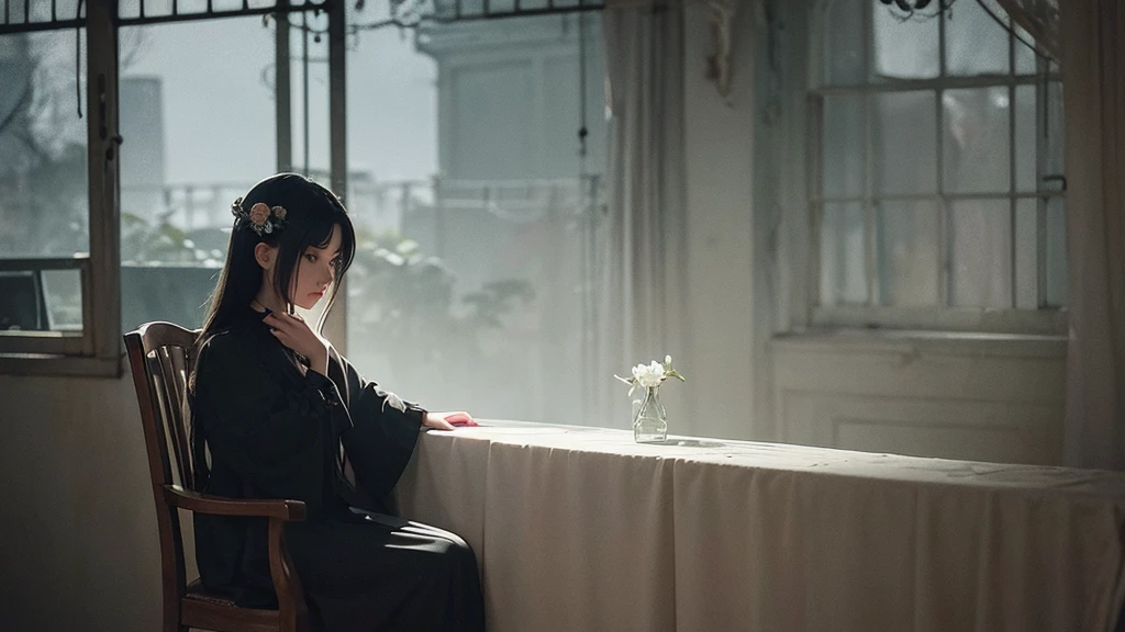 A photo of a beautiful girl sitting on a chair, holding a wilted flower in a dark, somber atmosphere. The surroundings are shadowy and moody, with deep, dramatic lighting that enhances the intensity of the scene. Her expression is melancholic, and the background features dim, eerie elements that add to the overall feeling of gloom and mystery.