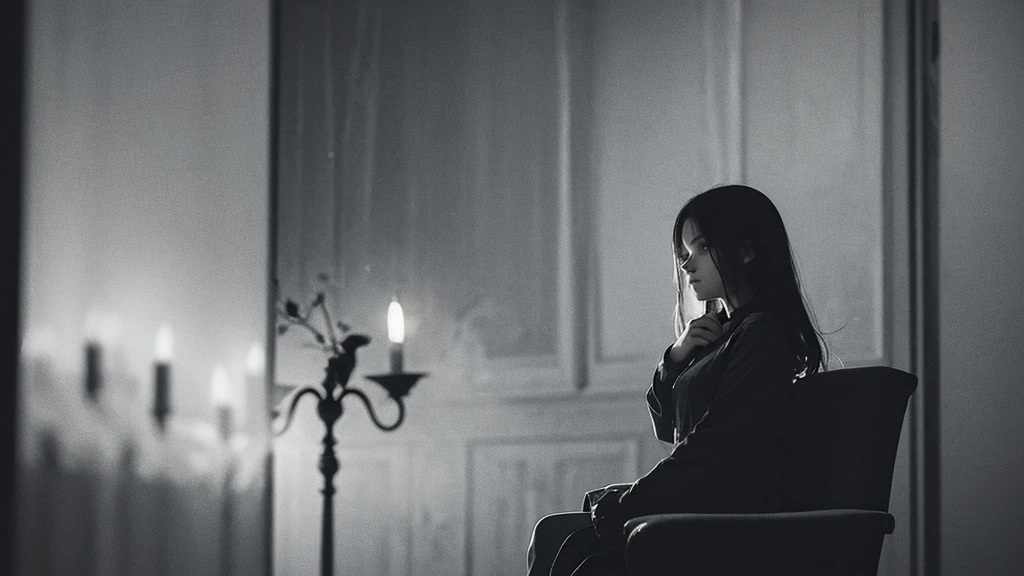 A photo of a beautiful girl sitting on a chair, holding a wilted flower in a dark, somber atmosphere. The surroundings are shadowy and moody, with deep, dramatic lighting that enhances the intensity of the scene. Her expression is melancholic, and the background features dim, eerie elements that add to the overall feeling of gloom and mystery.