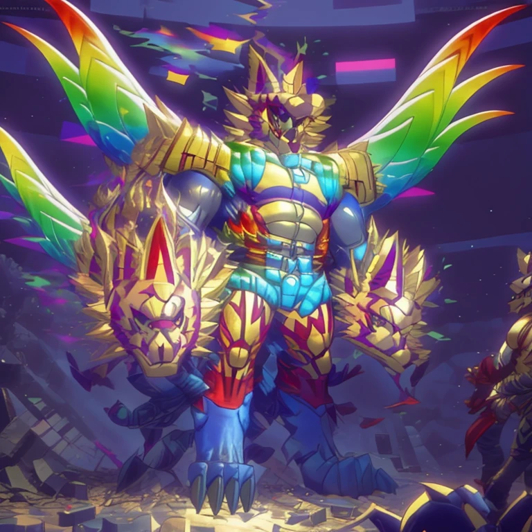 (masterpiece. official art. 8k. best quality. detailed full body. full body.)
(situation 1 : dominating The Phoenix Wolf. The Phoenix Wolf is over 1000 meters long. focus giant mechanical Muscular The Phoenix Wolf is trampling the car. Looking down.)
(situation 2 :smoke and flames rising from the destruction in the city)
(Additional details 1: Wearing golden Armor. Cape. Helmet. real texture material. whole body shines like metal. emphasizes the muscles. suit fully made of metal. Robotic suit. no face.).
(Additional details 1.5: The arms are golden. The lower half of the body is golden. The wolf-shaped helmet has sharp fangs. The whole body is golden. The chest area is also golden. There is a ring above the head.).
(Additional details 2: Detailed head. Detailed Body. Detailed abs. gigantic muscles. HYPER MUSCLES. Gigachad Muscular. big muscle. pecs. triceps. traps. unusually developed muscular body. body full of huge muscles. showing off muscles. pectorales enormes. Exaggeratedly huge muscles. huge muscles. long legs.).
(Additional details 3: Spread wings. It has wings. The claws are sharp. Sharp teeth.). He is laughing defiantly. The claws are sharp. Sharp teeth.).
(Additional details 3.5 : nj5furry, He is laughing defiantly. medieval armor.).