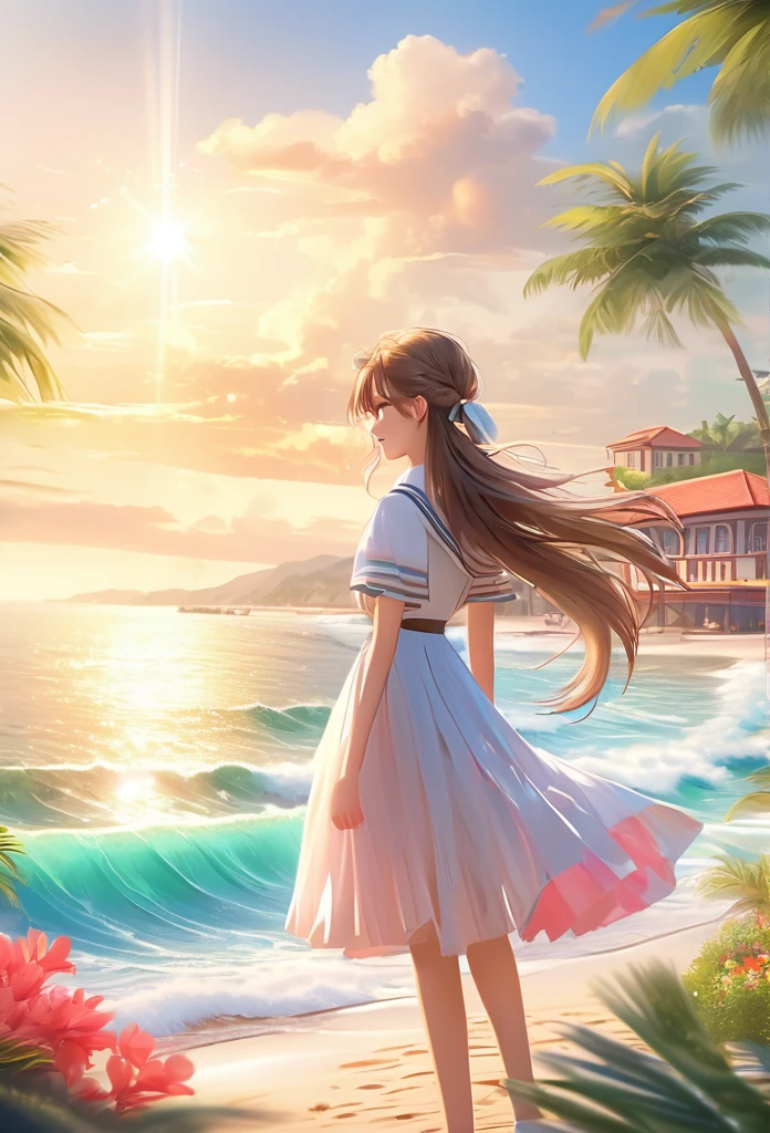 Sparkling sea and tropical ocean, Sunny sky with fluffy white clouds, Palm trees along the coast, Blur the background,Pleasant sea breeze,High school girls,ponytail,smile,Glitter effect,highest quality, 4K, 8K, High resolution, masterpiece:1.2, Very detailed, Realistic:1.37, High resolution, 超High resolution, Ultra-fine painting, Sharp focus, Physically Based Rendering, Very detailed explanation, Professional, Vibrant colors