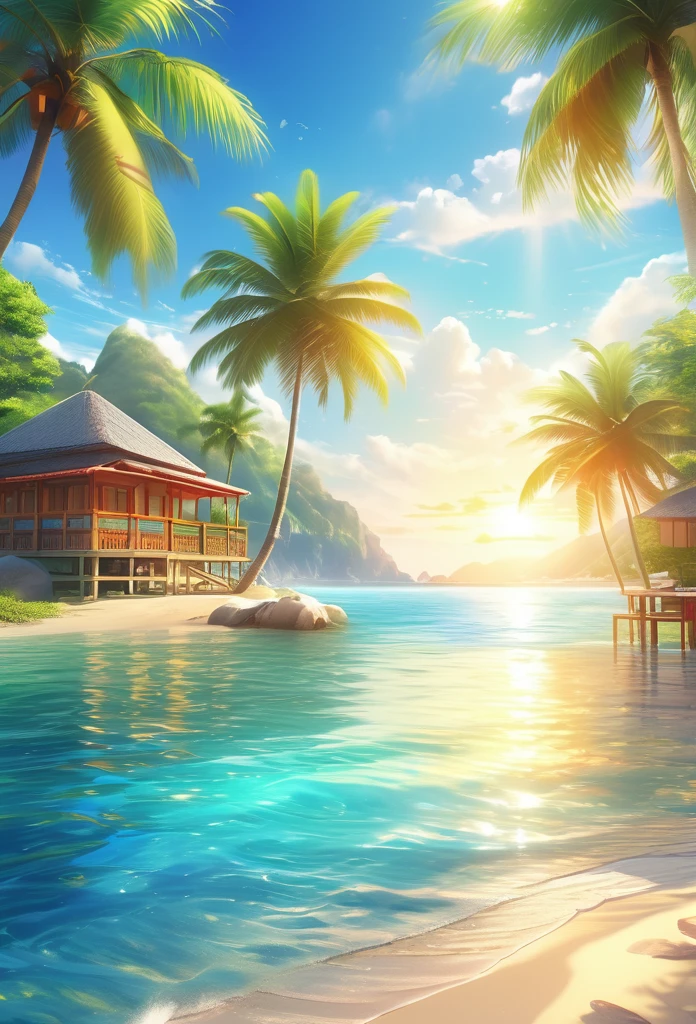 Sparkling sea and tropical ocean, Sunny sky with fluffy white clouds, Palm trees along the coast, Blur the background,Pleasant sea breeze,High school girls,ponytail,smile,Glitter effect,highest quality, 4K, 8K, High resolution, masterpiece:1.2, Very detailed, Realistic:1.37, High resolution, 超High resolution, Ultra-fine painting, Sharp focus, Physically Based Rendering, Very detailed explanation, Professional, Vibrant colors